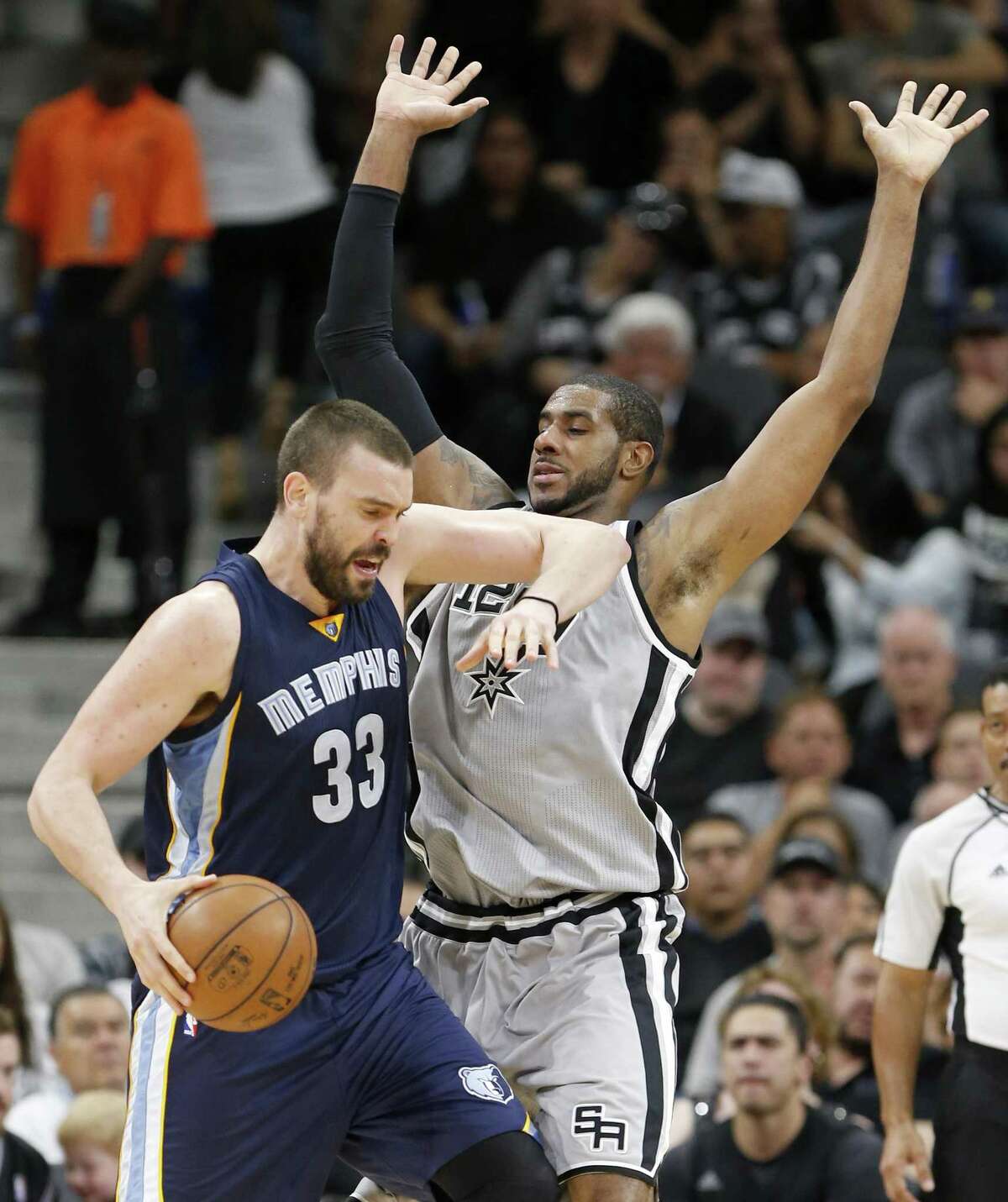 Memphis Grizzlies?• Marc Gasol looks for room around San Antonio Spurs' LaMarcus Aldridge during first half action of Game 1 in the first round of the Western Conference playoffs held Saturday April 15, 2017 at the AT&T Center.