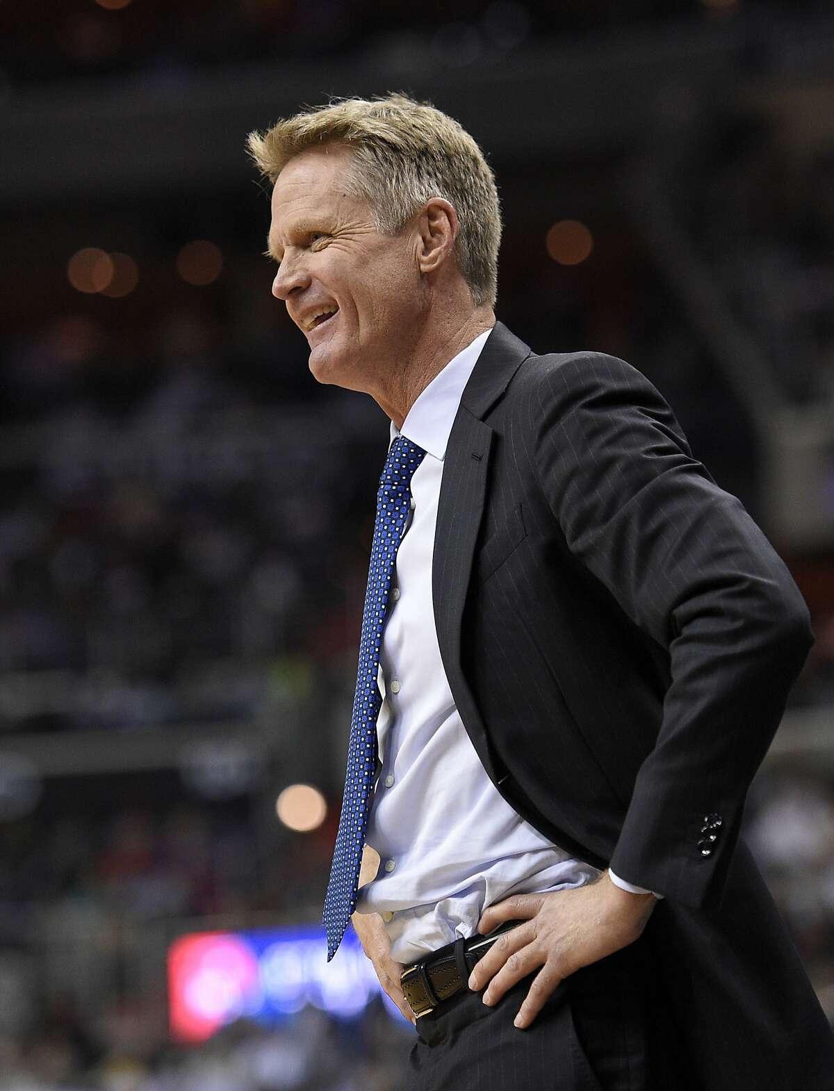 Golden State Warriors head coach Steve Kerr reacts during the second half of an NBA basketball game against the Washington Wizards, Tuesday, Feb. 28, 2017, in Washington. The Wizards won 112-108. (AP Photo/Nick Wass)