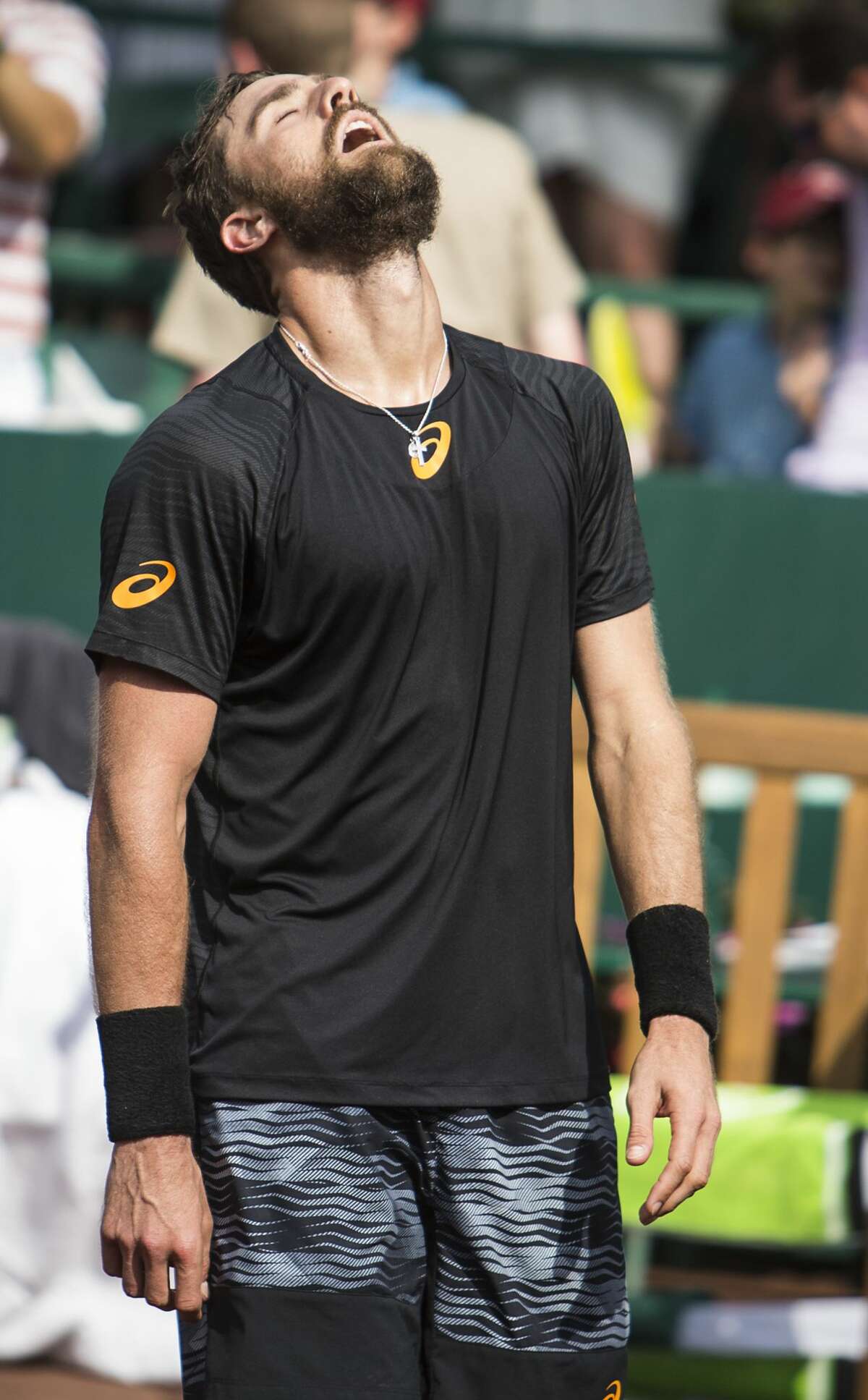 Steve Johnson reacts after defeating Thomaz Bellucci in the championship singles match of the U.S. Men's Clay Court Championship tennis tournament at River Oaks Country Club on Sunday, April 16, 2017, in Houston. Johnson won 6-4, 4-6, 7-6 (5). (Brett Coomer / Houston Chronicle via AP)