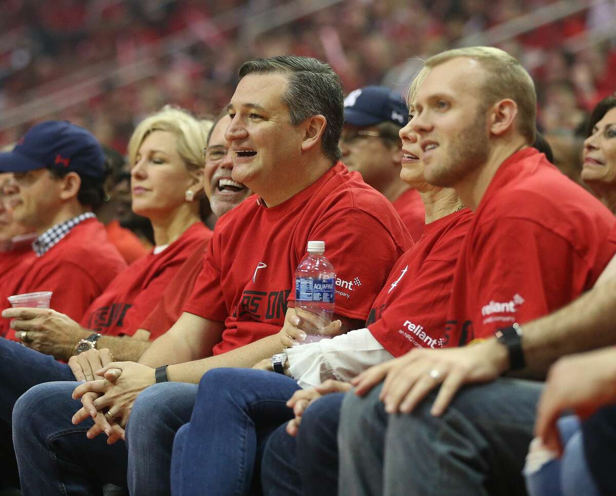 Senator Ted Cruz sits on the sidelines during the first half of Game 1 of the Western Conference playoffs at the Toyota Center, Sunday April 16, 2017, in Houston. Keep going for a look back at James Harden's best games. 
