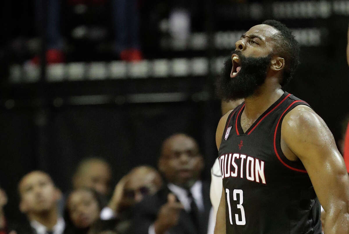 Houston Rockets' James Harden yells after a Oklahoma City Thunder turnover during the second half in Game 1 of an NBA basketball first-round playoff series, Sunday, April 16, 2017, in Houston. (AP Photo/David J. Phillip)