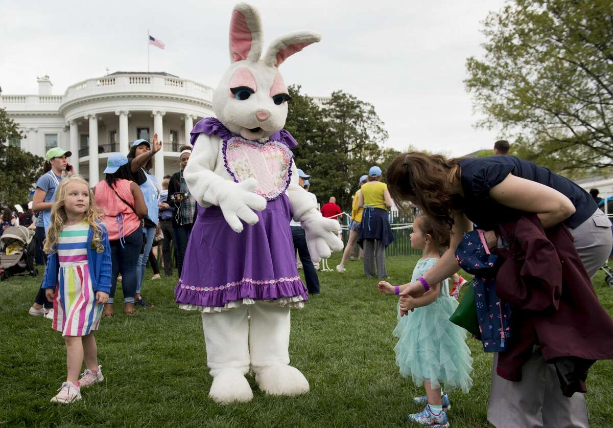 The Easter Bunny greets attendees during the 139th White House Easter Egg Roll on the South Lawn of the White House in Washington, DC, April 17, 2017. / AFP PHOTO / SAUL LOEB (Photo credit should read SAUL LOEB/AFP/Getty Images)