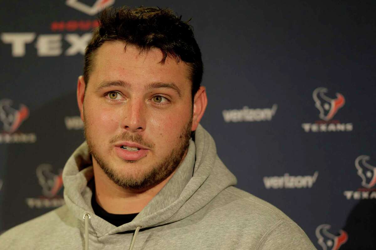 Texans David Quessenberry talks to the media at NRG Stadium on Monday, April 17, 2017, in Houston.