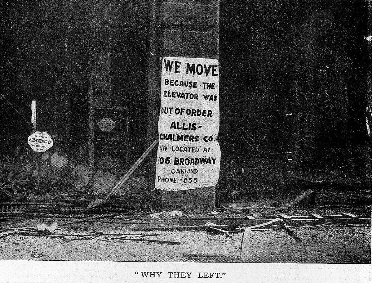 From the rare "New San Francisco Magazine," published a few months after the 1906 San Francisco earthquake and fire, covered the resurrection of the city. This image is captioned "Why They Left," and shows that some people turned to humor in those dire days, stating that they moved due to the elevators being out of service. From the collection of Bob Bragman