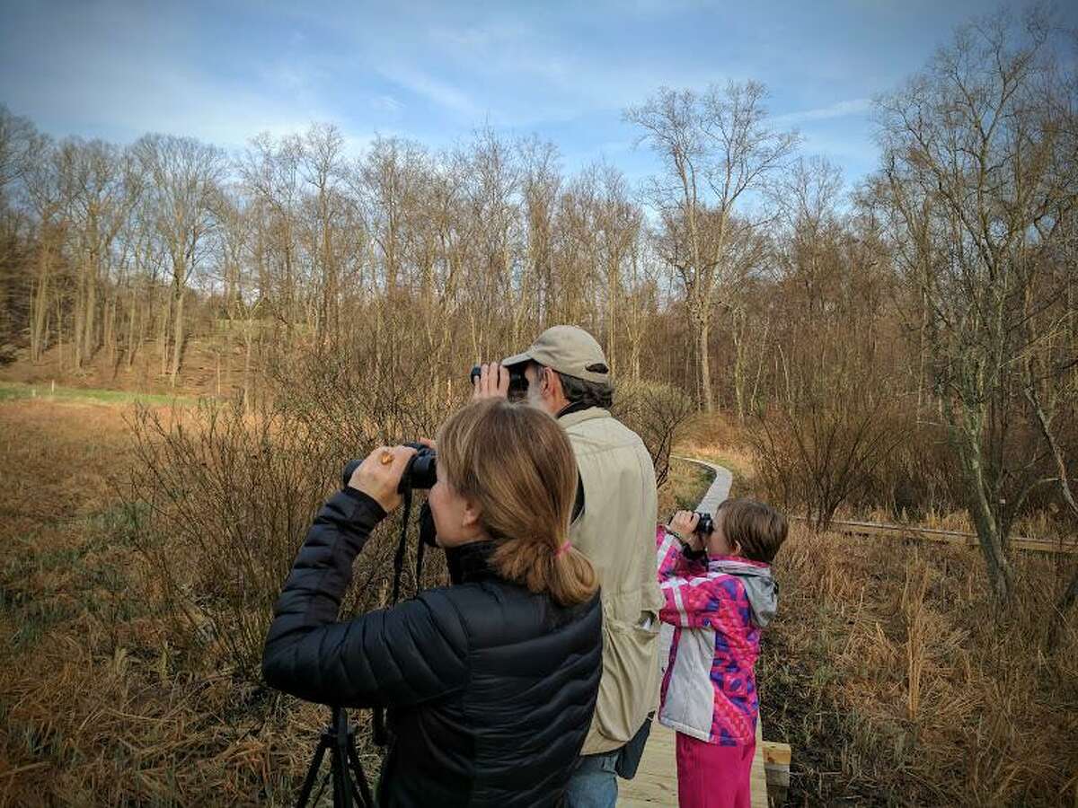 Ted Gilman shows Margaret Gifford and her daughter Sophie white-throated sparrows and red-winged blackbirds.
