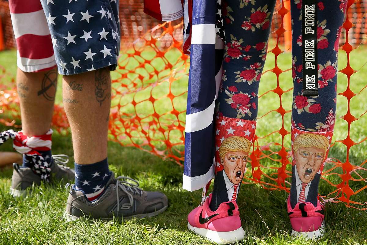 BERKELEY, CA - APRIL 15: A Trump supporter sports Trump socks at a "Patriots Day" free speech rally on April 15, 2017 in Berkeley, California. More than a dozen people were arrested after fistfights broke out at a park where supporters and opponents of President Trump had gathered. (Photo by Elijah Nouvelage/Getty Images)