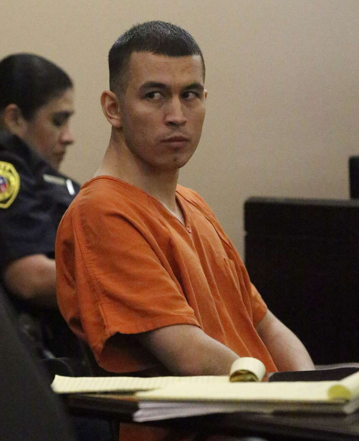 Murder defendant Miguel Martinez sits in the 437th District Court Monday April 17, 2017. A judge has declared a mistrial in Martinez's case that had been compelling enough for District Attorney Nicholas "Nico" LaHood to prosecute the case himself. Martinez has been accused of killing Laura Cater in 2015.