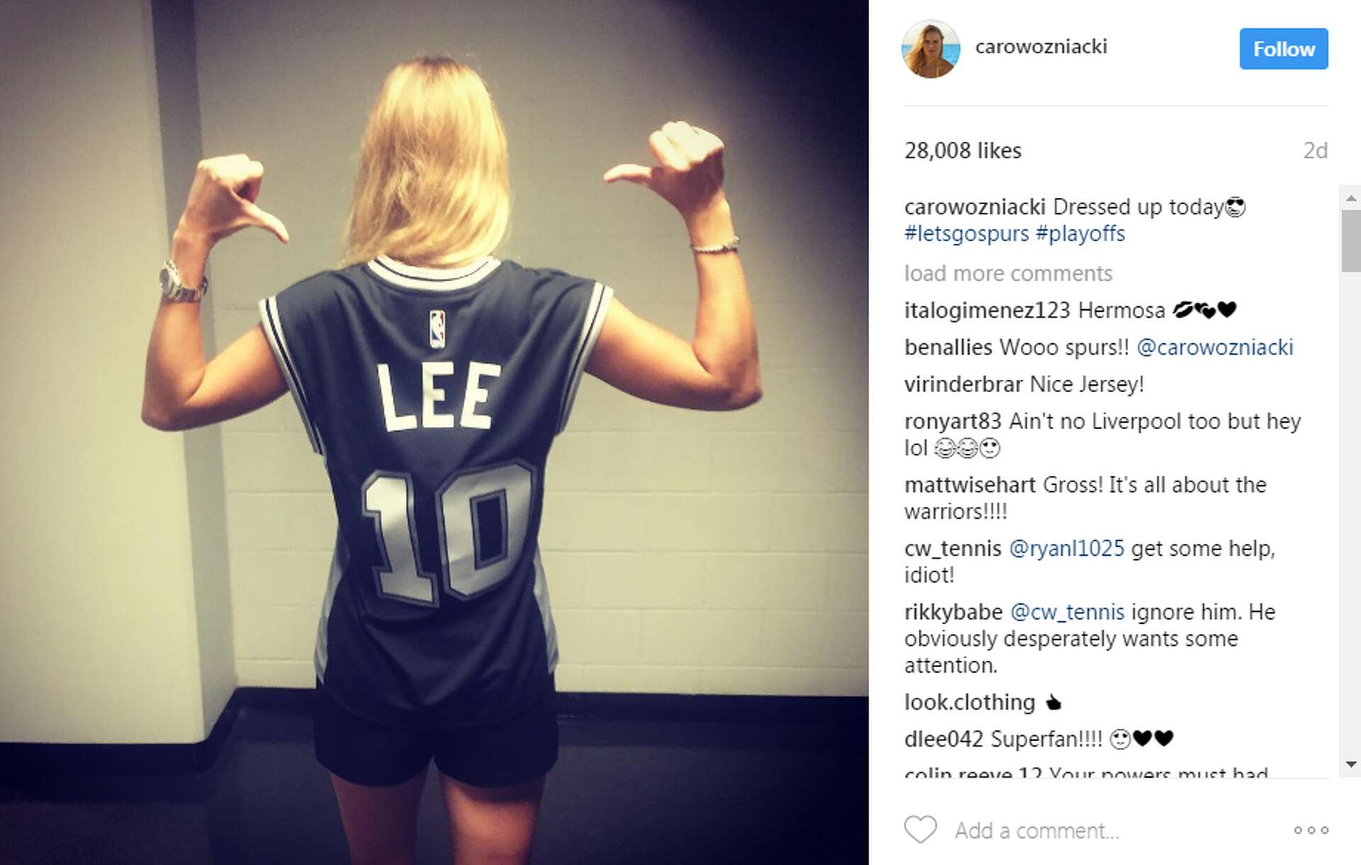 Tennis star Caroline Wozniacki cheers Spurs playoff push, is David