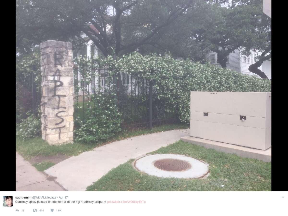 Fraternities in the news A frat house at the University of Texas has been vandalized with graffiti that said "rapist" and "racist." Click through to see fraternity scandals that garnered quite a few headlines. @WithALittleJazz