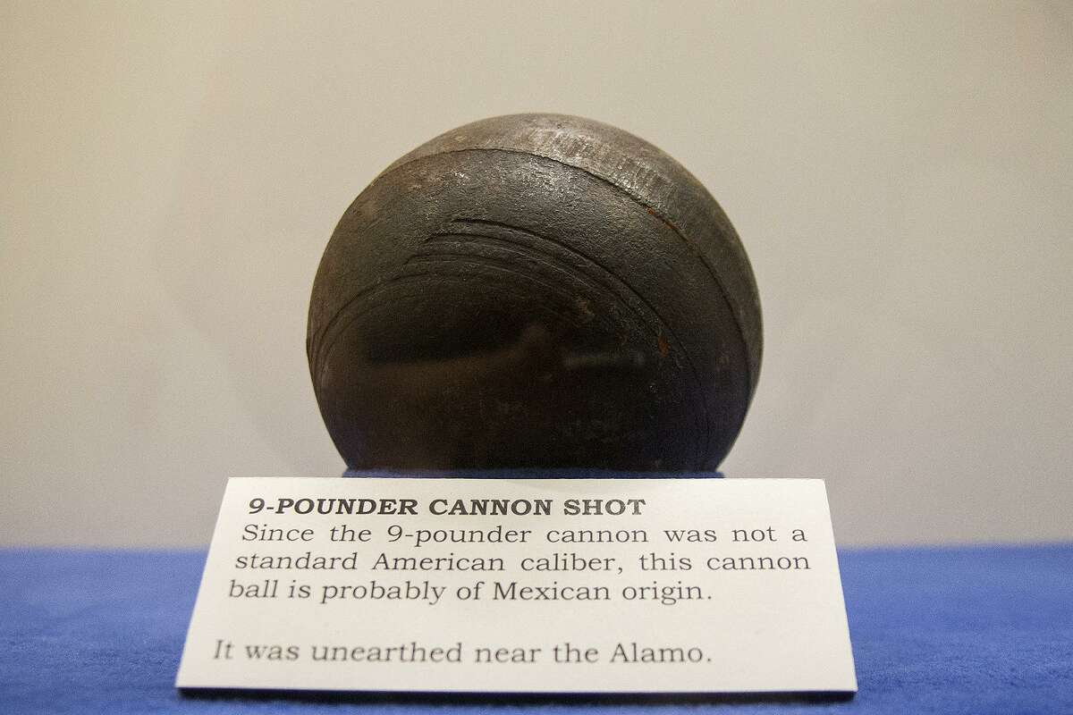 A nine-pound cannon ball found near the Alamo is on display at the Fort Sam Houston Museum.
