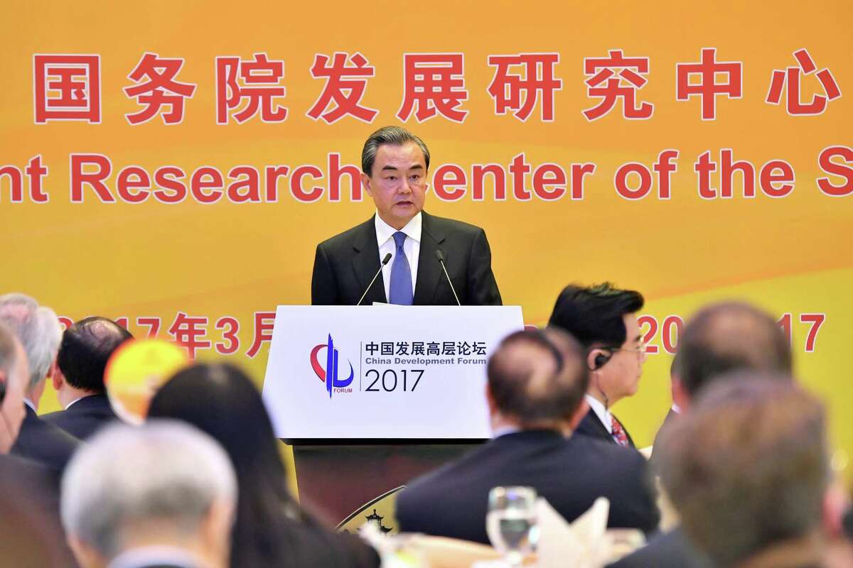 Chinese Foreign Minister Wang Yi delivers a speech at the China Development Forum 2017 on March 20, 2017 in Beijing, China.(Li Xin/Xinhua/Sipa USA/TNS)