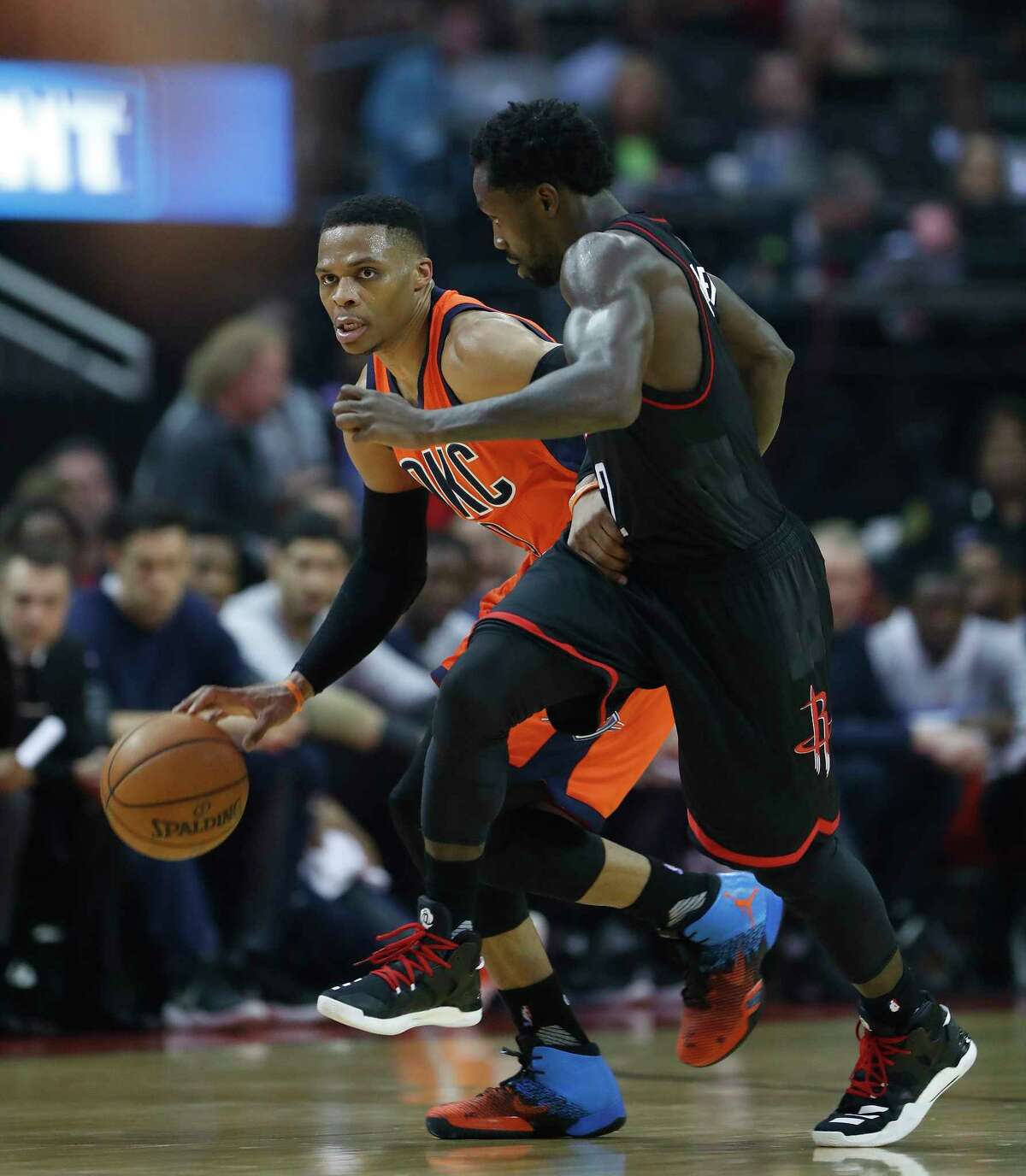 The Thunder's Russell Westbrook, left, isn't concerned about the defense of Pat Beverley, saying, "I can pretty much do what I want," but the Rockets' prolific offense has Oklahoma City's attention after a lopsided outcome in Game 1.