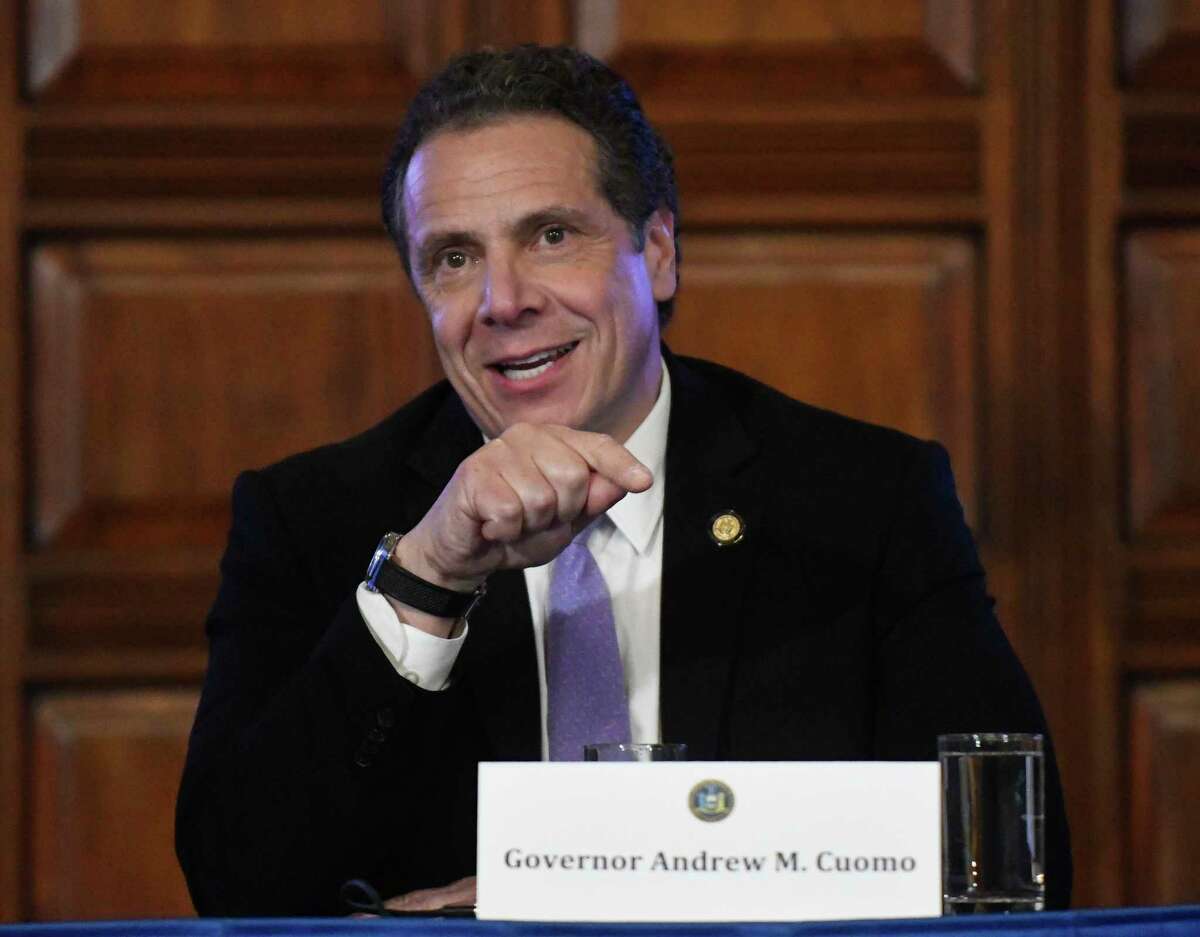 FILE - In this Tuesday, Feb. 28, 2017, file photo, New York Gov. Andrew Cuomo speaks during a cabinet meeting in the Red Room at the Capitol in Albany, N.Y. New York will be the first state to make tuition at public colleges and universities free for middle-class students under a state budget approved by lawmakers Sunday, April 9. The plan crafted by Cuomo will apply to any New York student whose family has an annual income of $125,000 or less. (AP Photo/Hans Pennink, File) ORG XMIT: NYHK701