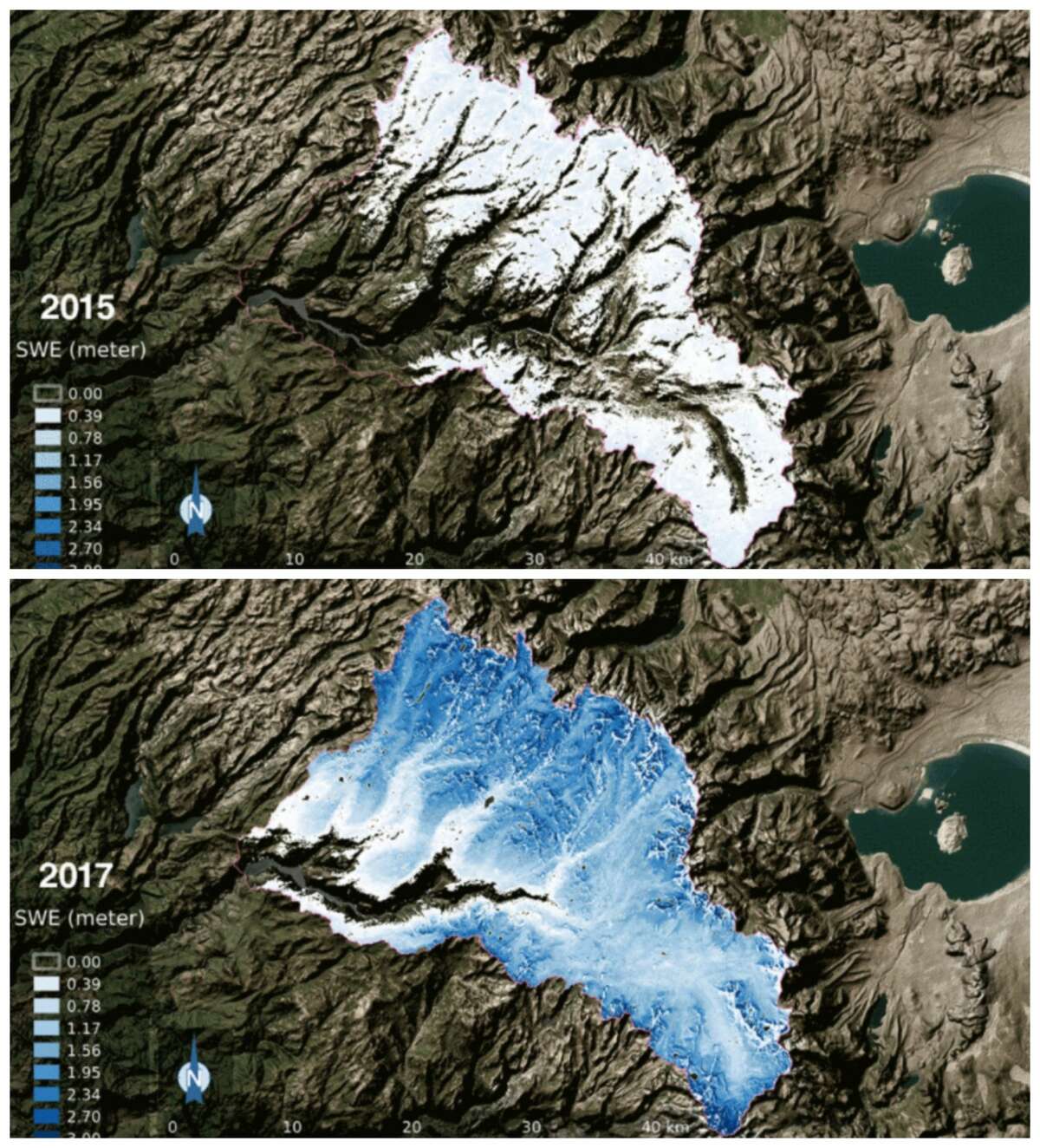 This photo composite shows the snow water equivalent-- water content of snow -- in the Tuolumne River Basin in 2015 and 2017. White and the lighter blue indicates less snow, while deeper blue represents more snow. NASA reports: "The 2017 snow water equivalent was 21 times greater than 2015, which was the lowest snowpack on record."