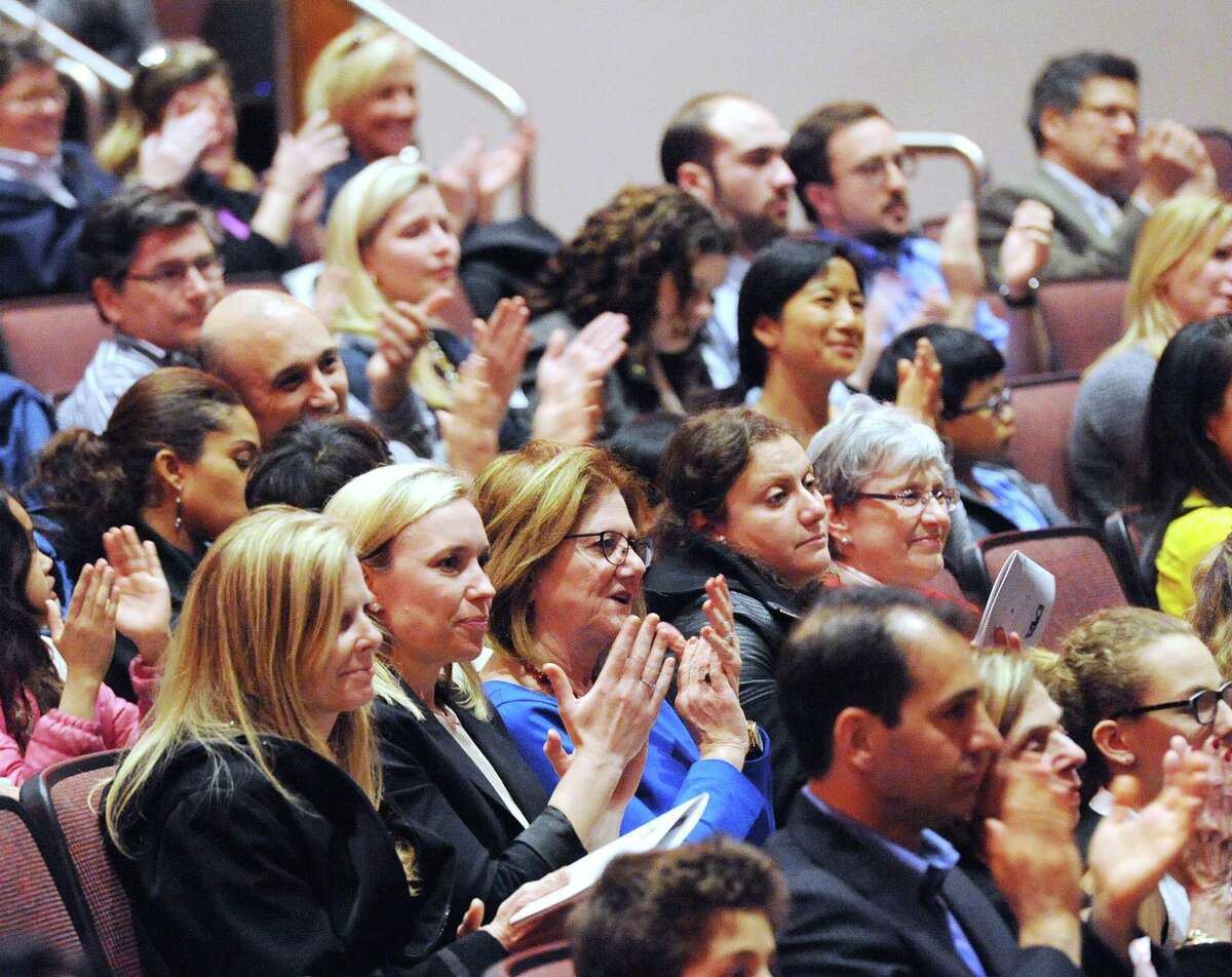 The audience applauds during last year’s Greenwich Public Schools Distinguished Teachers Awards Ceremony at the Greenwich High School Performing Arts Center, Conn., Tuesday, May 3, 2016.