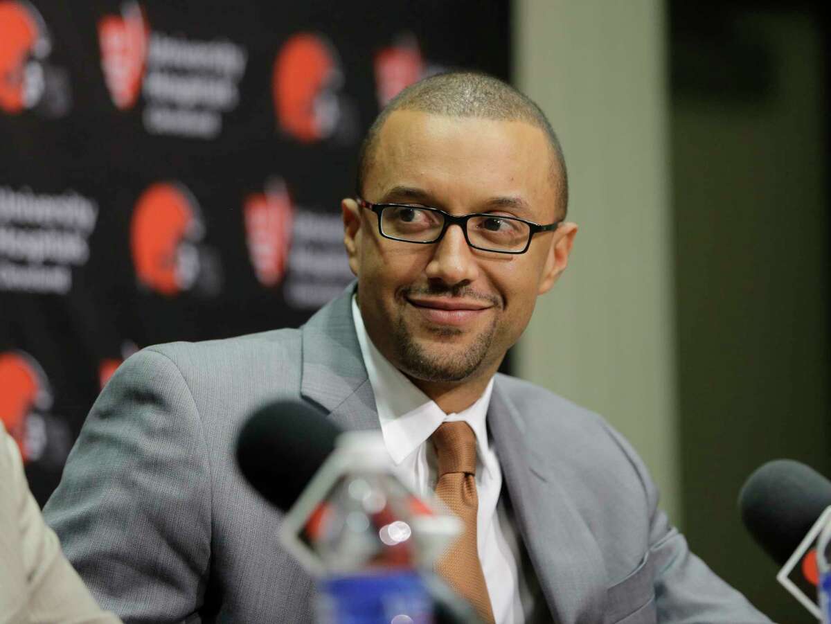 FILE - In this Jan. 13, 2016, file photo, Cleveland Browns Executive Vice President of Football Operations, Sashi Brown, addresses the media during a news conference in Berea, Ohio. The Browns are inclined to keep the No. 1 overall pick in next week’s NFL draft despite getting offers for it. Sashi Brown said Wednesday, April 19, 2017, that the Browns “feel really good about drafting No. 1." (AP Photo/Tony Dejak, File)
