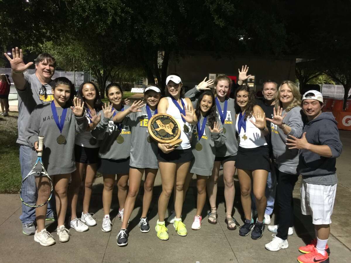The St. Agnes tennis team won its fifth consecutive TAPPS state championship April 12-13 at Waco Regional Tennis Center. Pictured from left are Coach Tom Caine, Regina Lopez, Jordan Ham, Anika Yzaguirre, Kendal Couch, Christina Watson, Rachel Ham, Caitlin Boeker, Natalia Nassar, Coach Jeff Wheeler, Coach Kris Caine and Coach Tuyen Nguyen.