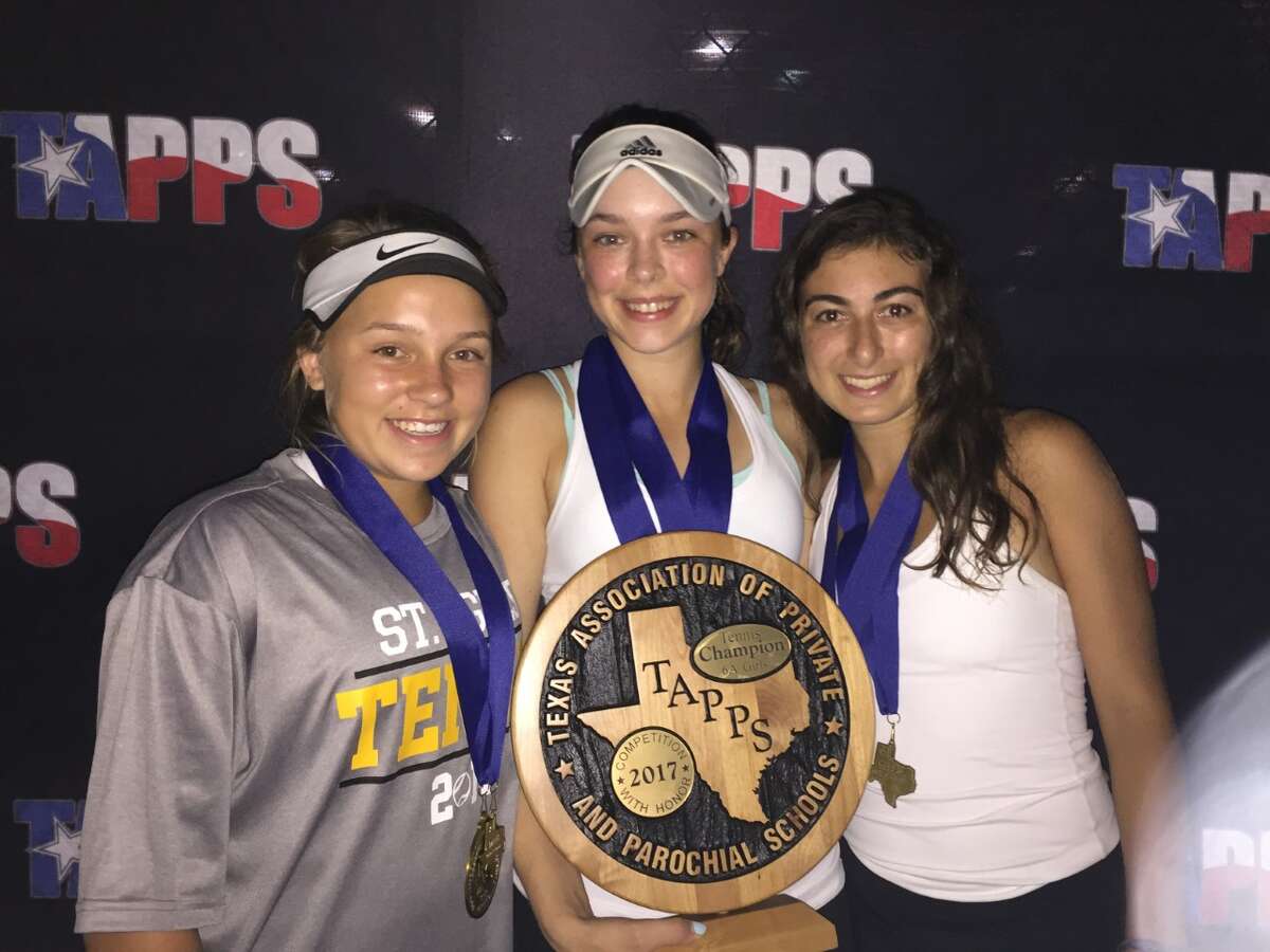 The St. Agnes tennis team won its fifth consecutive TAPPS state championship April 12-13 at Waco Regional Tennis Center. Kendall Couch (left) and Natalia Nassar (right) won the doubles bracket, while Christina Watson (center) was the singles champion.