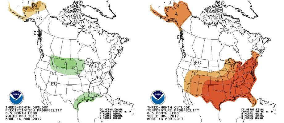 The maps show a three-month precipitation and temperature outlook.  Photo: National Weather Service