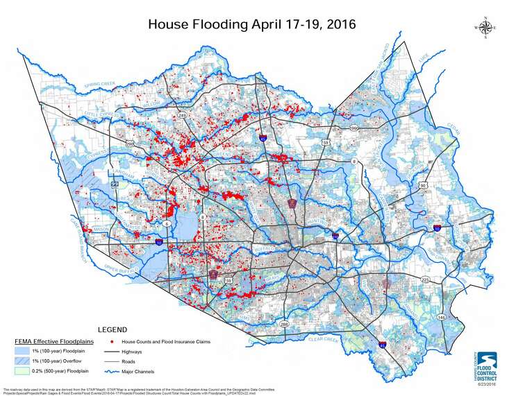 The map shows flooded buildings during the Tax Day flood. 