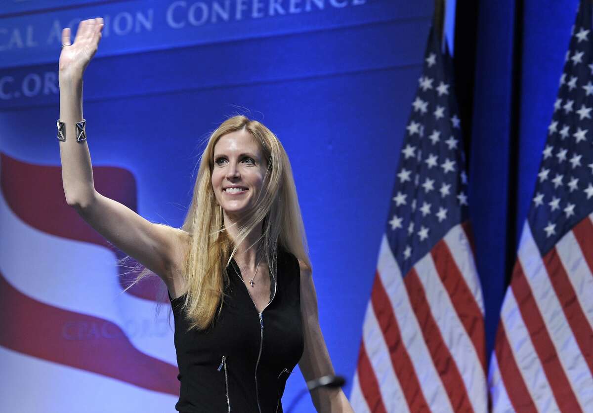 FILE - In this Feb. 12, 2011 file photo, Ann Coulter waves to the audience after speaking at the Conservative Political Action Conference (CPAC) in Washington. Coulter's planned appearance at the University of California, Berkeley on April 27 has been canceled because of security concerns. UC Berkeley officials say they were unable to find "a safe and suitable" venue for the right-wing provocateur, whom campus Republicans had invited to speak. (AP Photo/Cliff Owen, File)