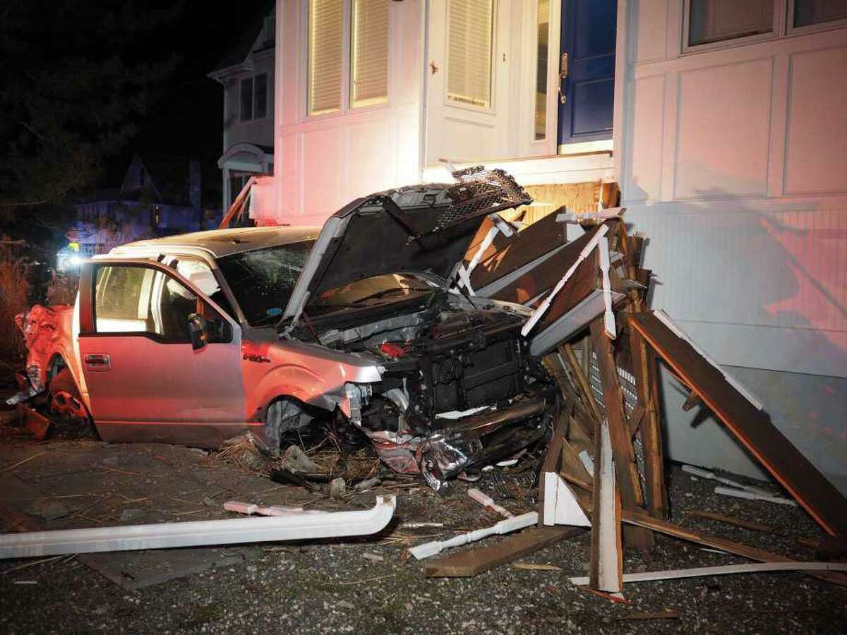 The pickup truck driven by Peter L. Jones on Super Bowl Sunday crashed into the porch of a house. Jones was charged with driving under the influence in connection with the accident.
