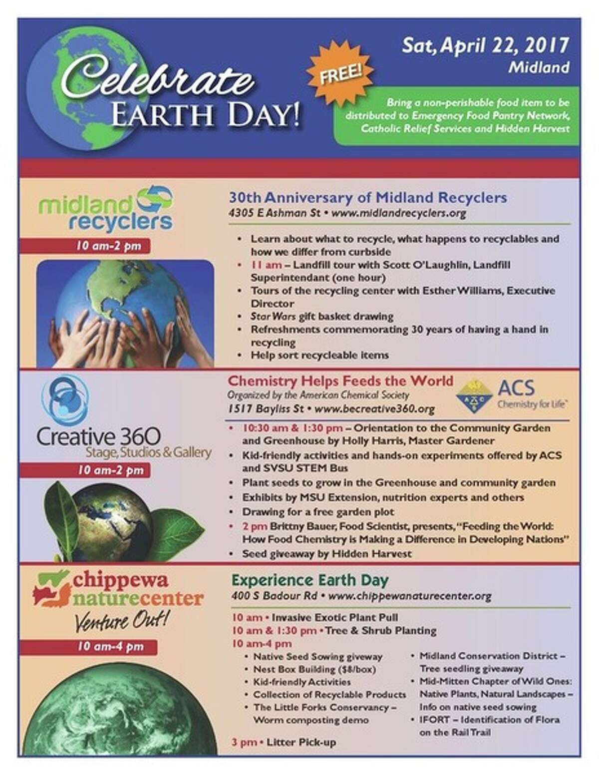 A flyer showing Earth Day events at three locations in Midland on Saturday, April 22.
