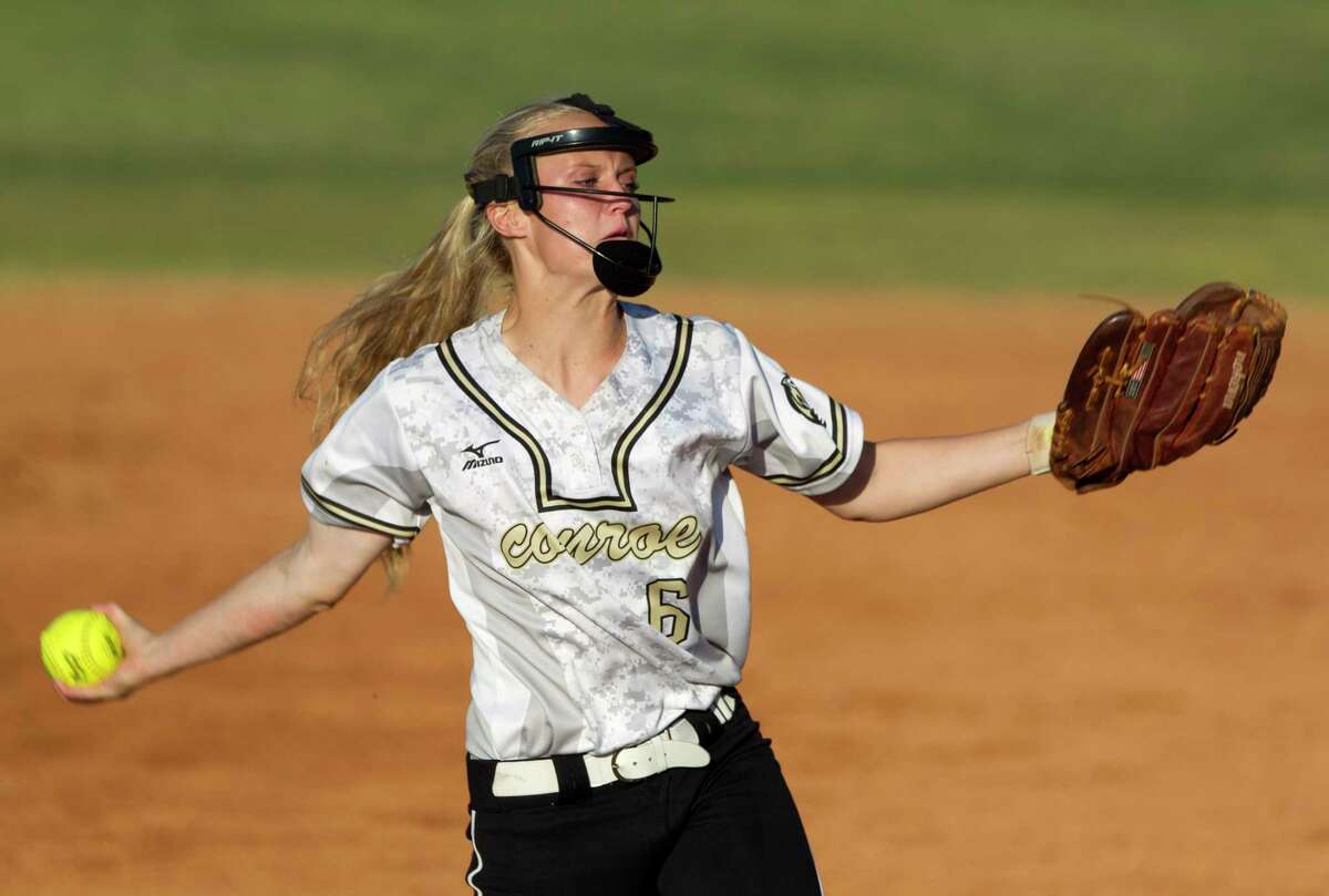 Conroe starting pitcher Madelyn Tannery (6) throws during the first inning of a District 12-6A high school softball game, Wednesday, April 19, 2017, in Conroe.