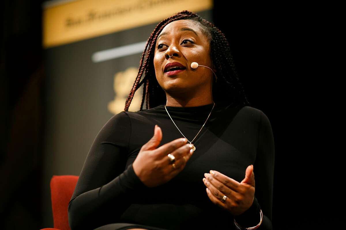 Co-founder of the Black Lives Matter, Alicia Garza, talks during the Chronicle Chats?” series at Herbst Theater in San Francisco, Calif. Wednesday, April 19, 2017.
