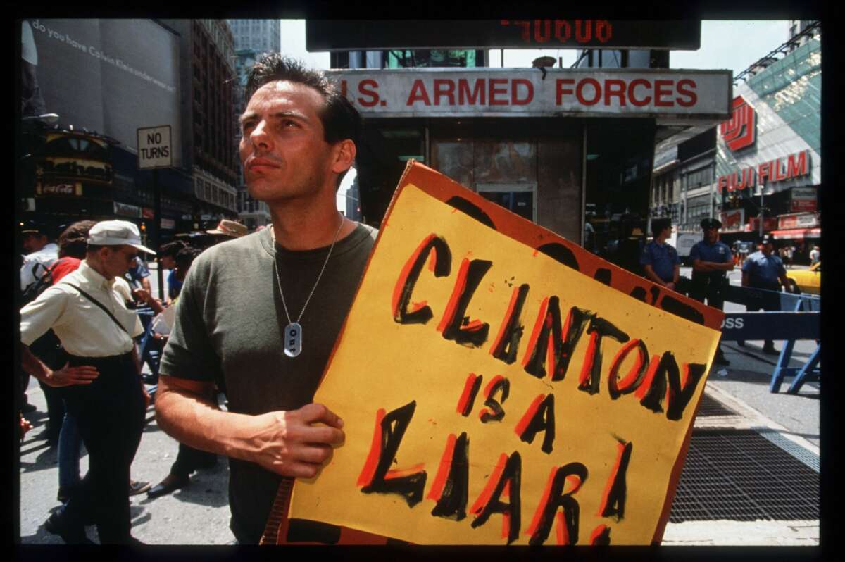 Advocates of gay rights participate in a demonstration July 20, 1993 in New York City. Protesters expressed objections to President Clinton''s announcement of the new policy that will tolerate homosexuals in the military only if they remain silent and chaste, but will halt aggressive efforts to root them out.
