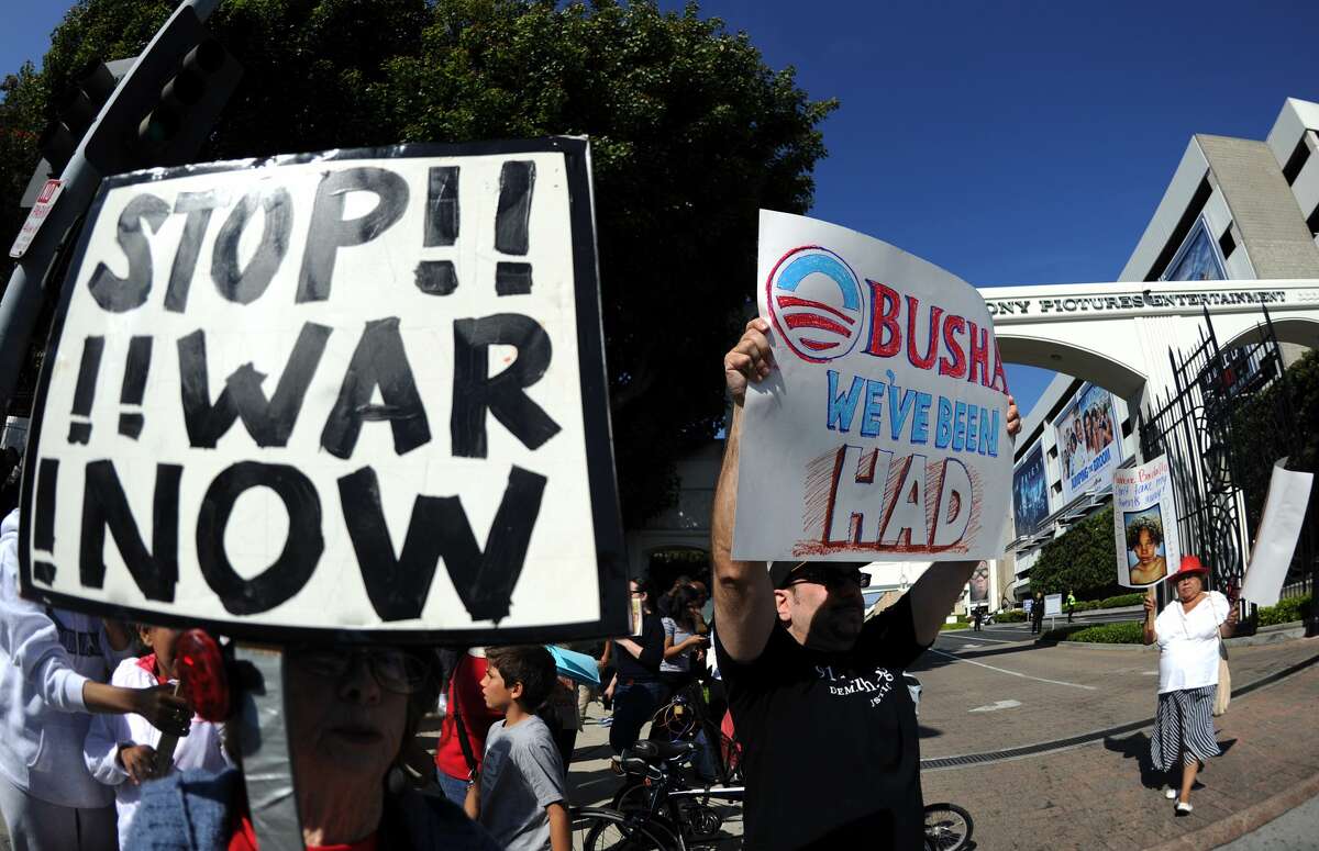 Demonstrators protest in front of Sony Pictures Studios in Los Angeles, California on April 21, 2011 as US President Barack Obama attends a major fundraiser for his 2012 campaign to kick off his billion-dollar presidential reelection campaign.