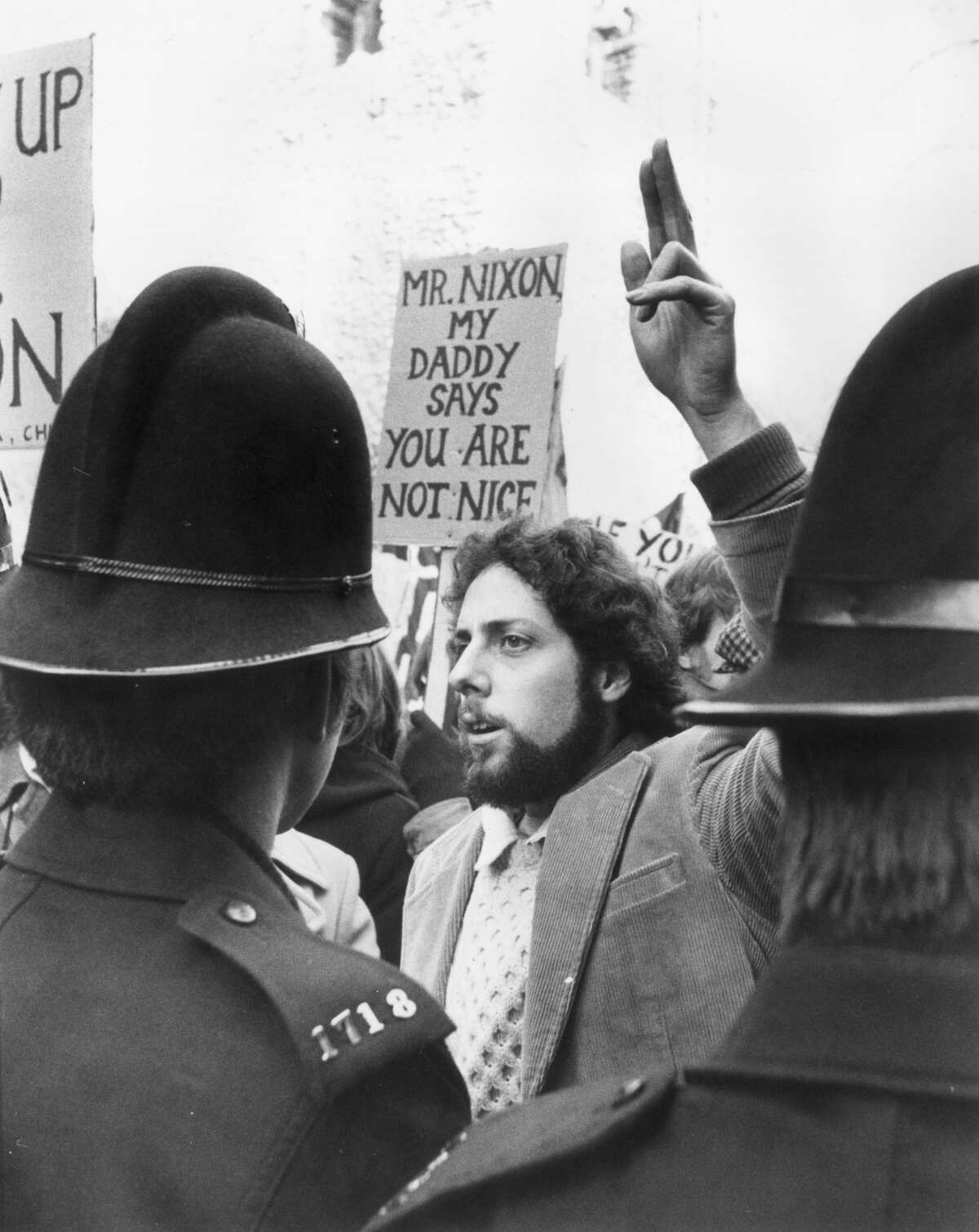 A protester outside the Oxford Union where former American President Richard Nixon will address students in 1978.
