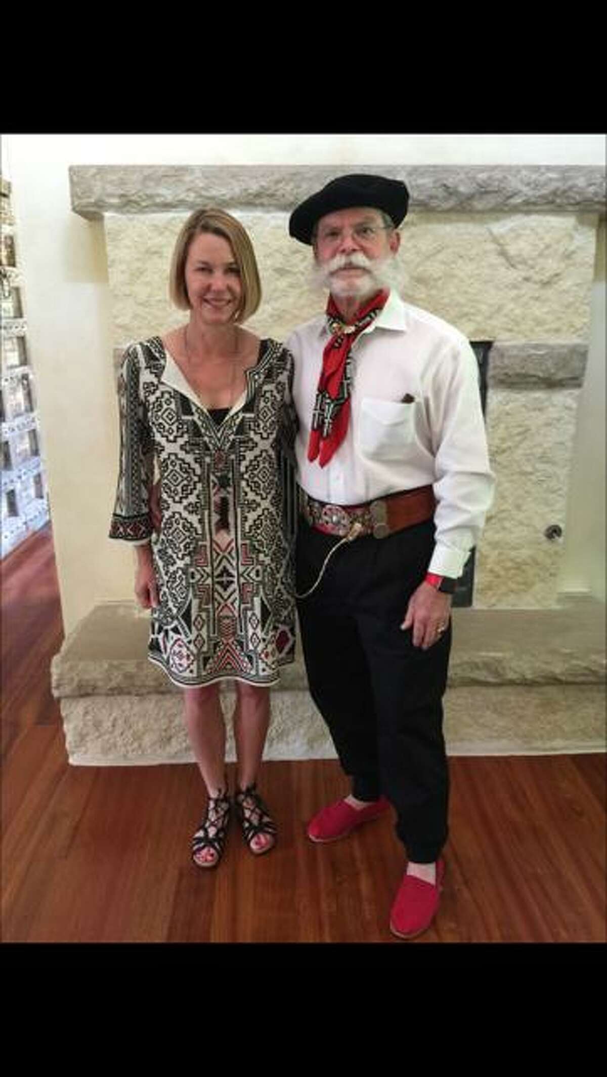 Mistress of the Robes Marnie Simpson and Lord High Chamberlain Tio Kleberg strike a pose in anticipation of the 2017 Order of the Alamo's the "Court of the Argentine Republic."