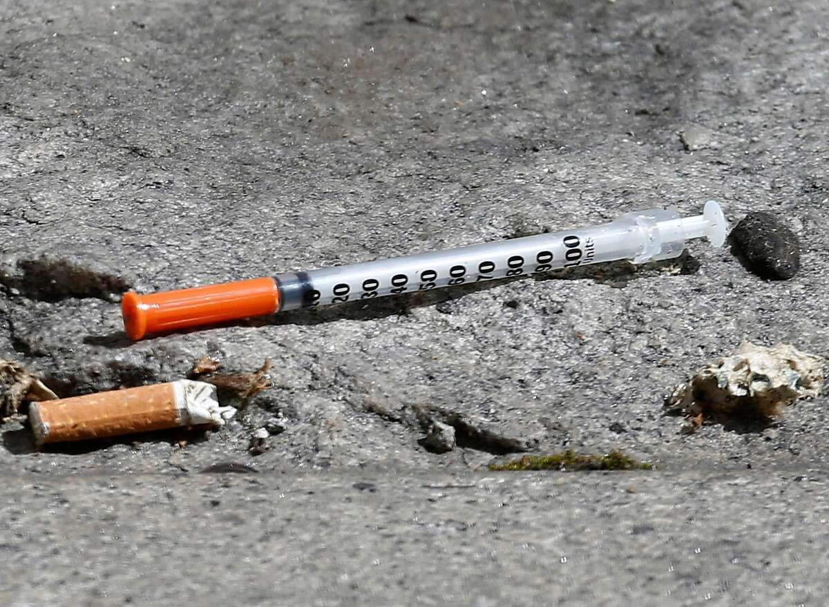 A used needle is discarded at the Civic Center BART station in San Francisco, Calif. on Thursday, April 20, 2017. The city may soon become the first in the United States to open a safe injection site for intravenous drug users.