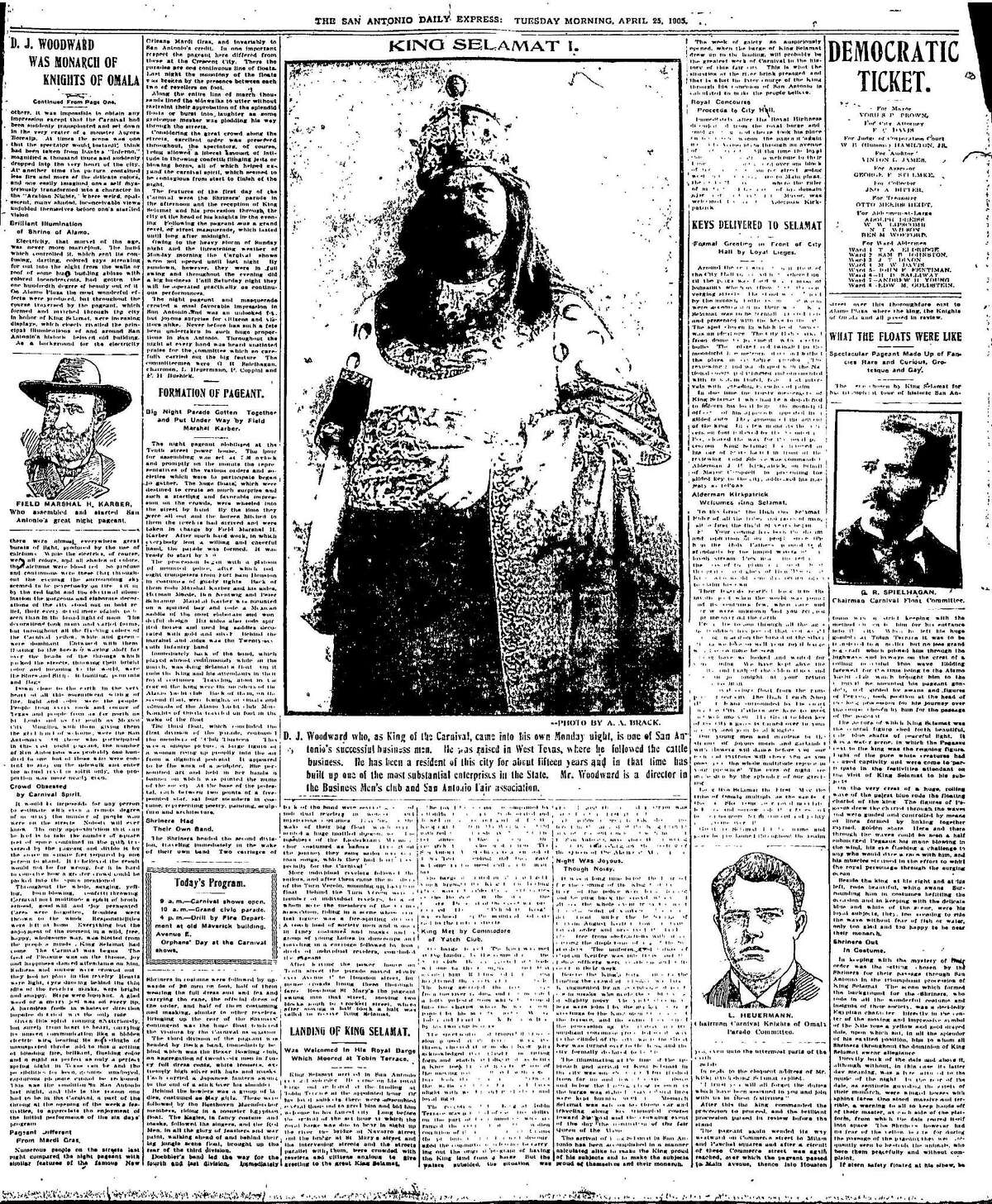 Jump page of April 25th, 1905 newspaper shows King Selamat (Tamales backwards) in full glory.