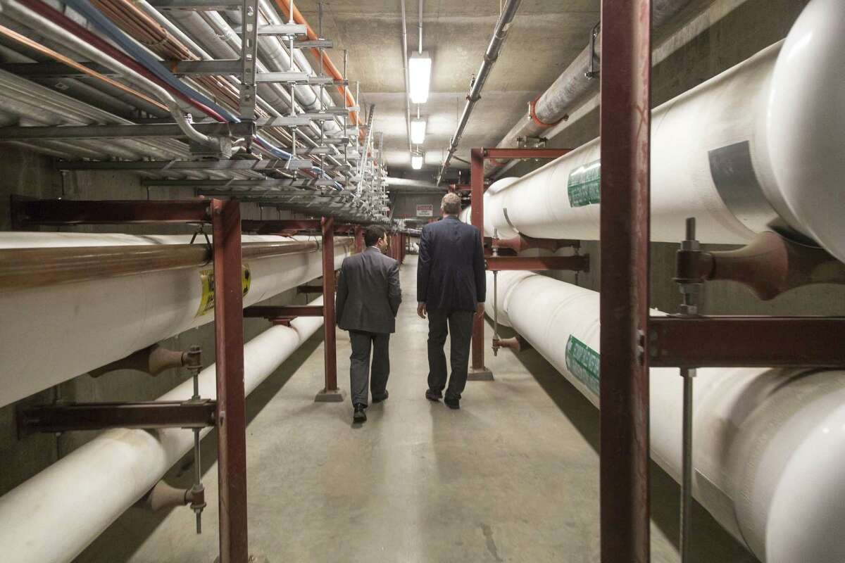 Stamford Hospital's LEED Project Director Stanley Hunter and Executive Director of Facilities Michael Smeriglio walk through a tunnel in the hospital that carries utilities throughout the building on Tuesday, April 18, 2017. The new building has "green" features that promote environmental sustainability.