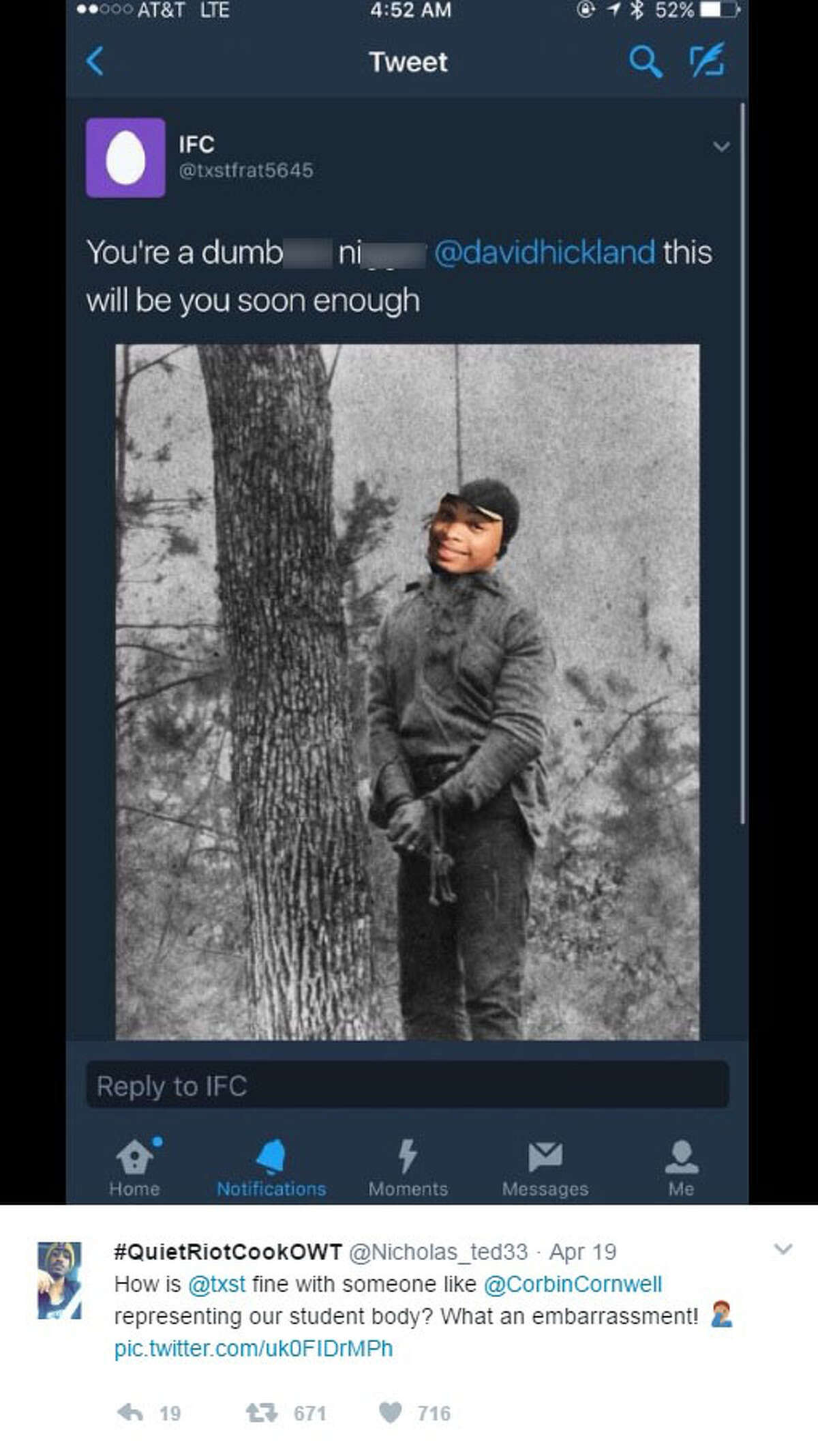 @Nicholas_ted33 shared a screenshot of a tweet that appears to show Texas State student David Hickland's head photo-shopped onto a lynched body.