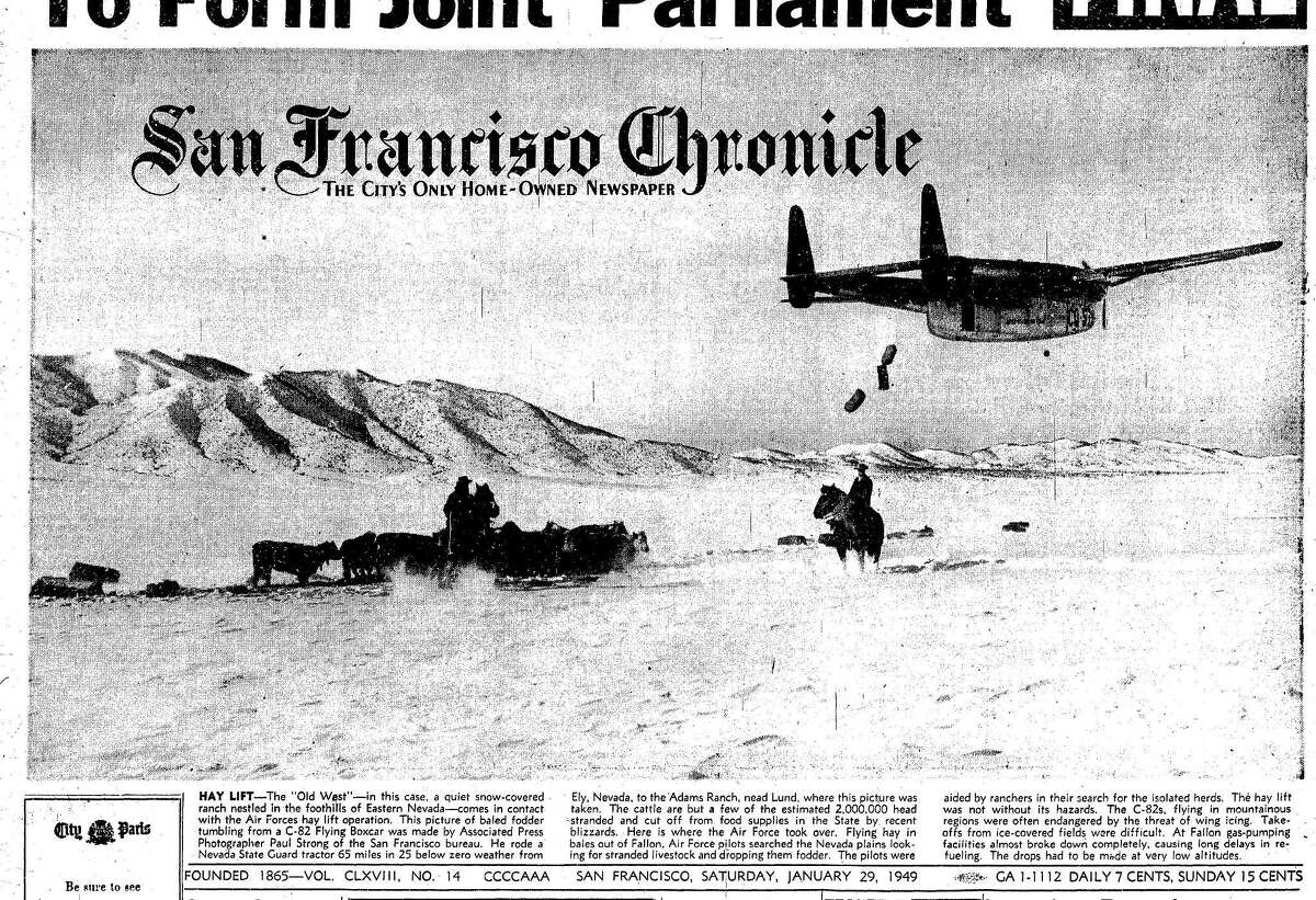 The San Francisco Chronicle front page January 29, 1949 reporting on an air lift of hay for cattle and sheep stranded in Northern Nevada near Ely by one of the first blizzards to ever hit that area.