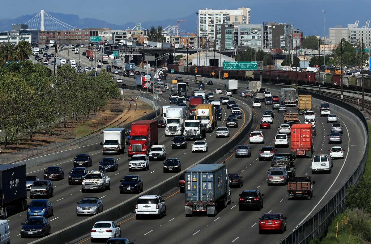 Traffic moves along highway 880 through downtown Oakland. Click ahead to see the most dangerous states for drivers.