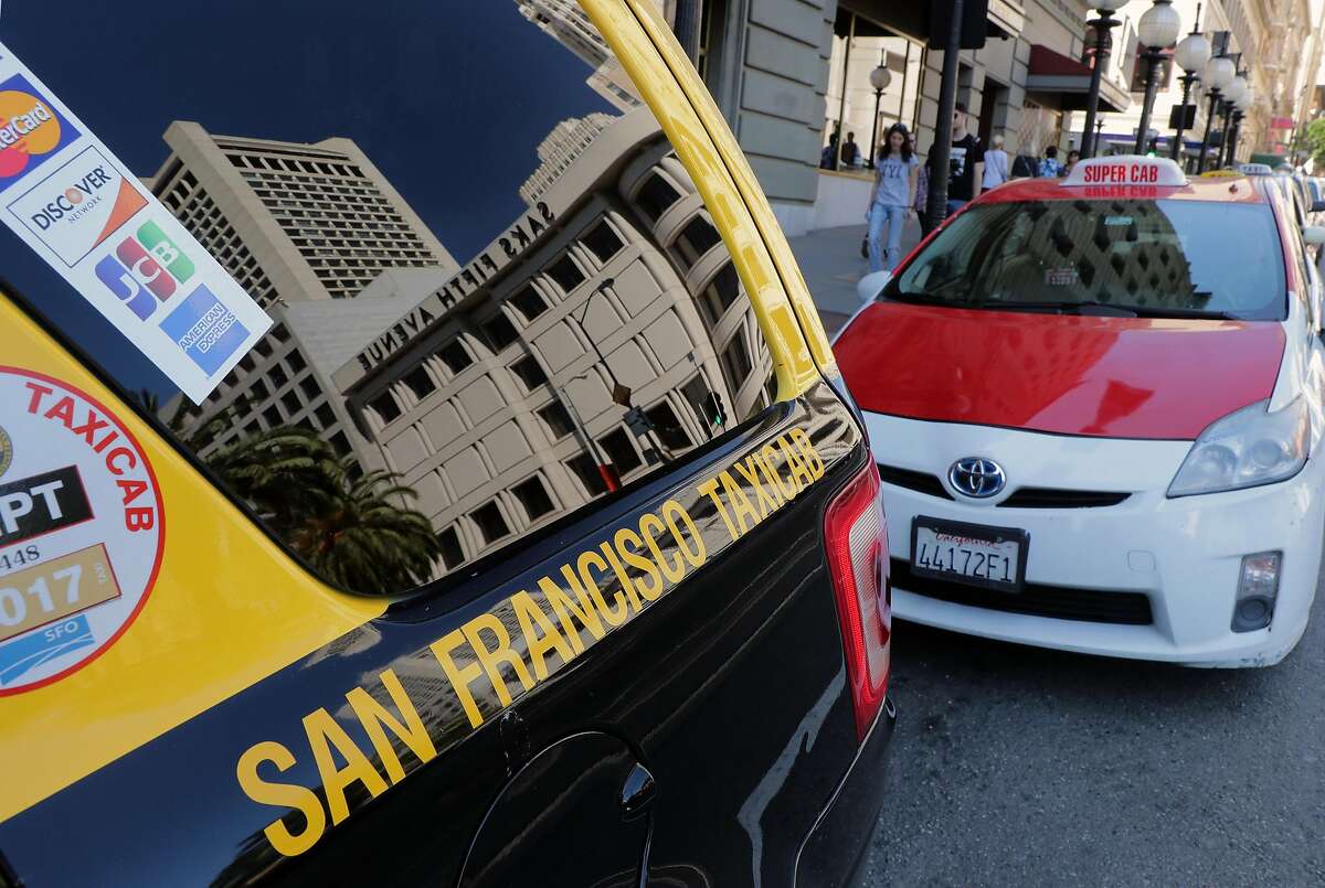 San Francisco Taxi cabs line up in front tot the Westin St. Francis Hotel in Union Square in San Francisco, Calif., on Fri. April 21, 2017.