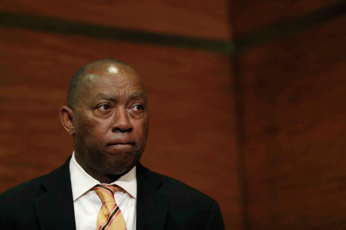Houston Mayor Sylvester Turner and Police Chief Art Acevedo announce an arrest in the shooting death of 8-year-old, DeMaree Atkins, Wednesday, March 1, 2017, at City Hall. Atkins was shot to death after her mother, Latoyia Thomas was involved in a car accident with another vehicle, Saturday. ( Karen Warren / Houston Chronicle )