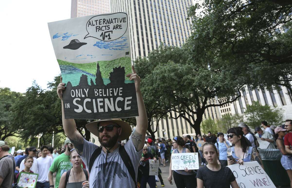 Thousands of people bring signs or dressed up to participate March for Science to support science Saturday, April 22, 2017, in Houston. The march began from Sam Houston Park and ended at City Hall. ( Yi-Chin Lee / Houston Chronicle )