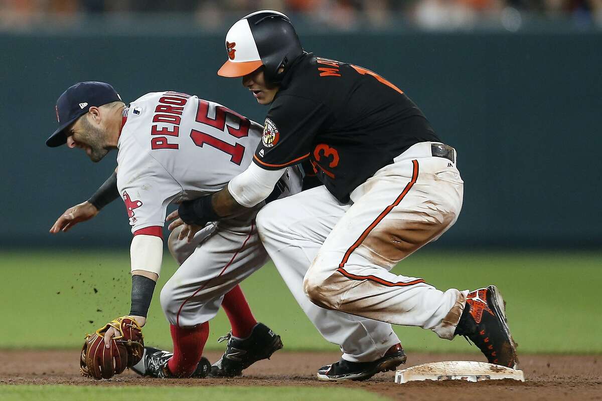 BALTIMORE, MD - APRIL 21: Manny Machado #13 of the Baltimore Orioles collides with Dustin Pedroia #15 of the Boston Red Sox at second base in the eighth inning at Oriole Park at Camden Yards on April 21, 2017 in Baltimore, Maryland. (Photo by Matt Hazlett/Getty Images)