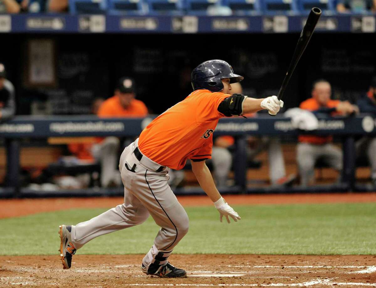 Houston Astros' Norichika Aoki, of Japan, singles off Tampa Bay Rays starter Matt Andriese during the fourth inning of a baseball game Sunday, April 23, 2017, in St. Petersburg, Fla. (AP Photo/Steve Nesius)
