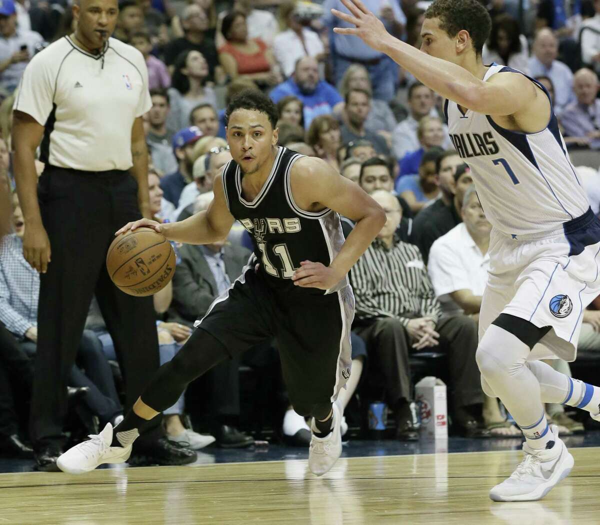 Spurs rookie guard Bryn Forbes works the perimeter against Dallas on April 7.