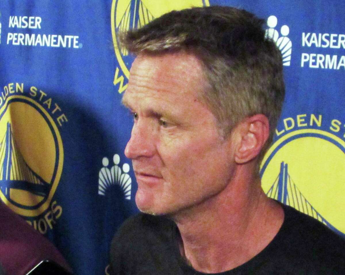 Golden State Warriors coach Steve Kerr speaks to members of the media in Portland, Ore., Sunday, April 23, 2017. Kerr announced he won't be on the sidelines for the NBA basketball team's Game 4 playoff game against the Portland Trail Blazers on Monday night. (AP Photo/Anne Peterson)