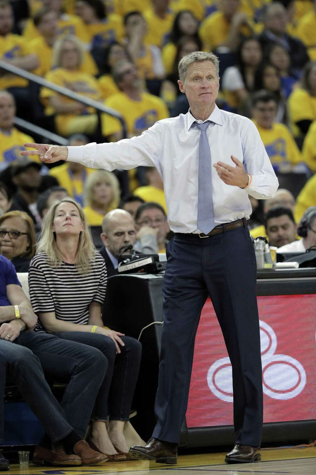 Steve Kerr off the bench calling out plays during the second half as the Golden State Warriors played against the Portland Trail Blazers in Game 2 of the first round of the NBA Playoffs at Oracle Arena in Oakland, Calif., on Wednesday, April 19, 2017.