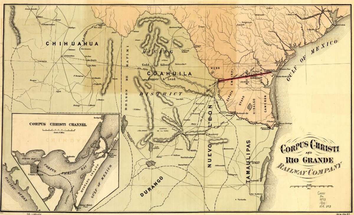 What: Outline map from the Corpus Christi and Rio Grande Railway Company of southwest Texas and part of Mexico, showing relief by hachures, drainage, and major cities and towns. When: 1874