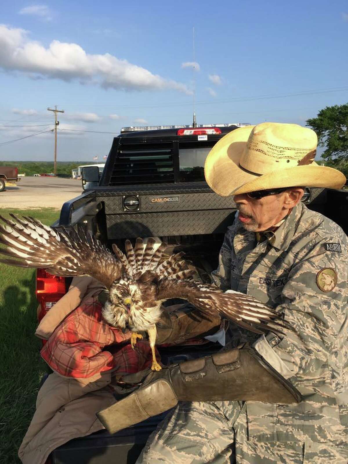 Bill Heyde of Eastex Wildlife with Pecker the osprey. The bird was rescued after it got onto a jet ski on Lake Livingston and was released back to the wild April 22. 