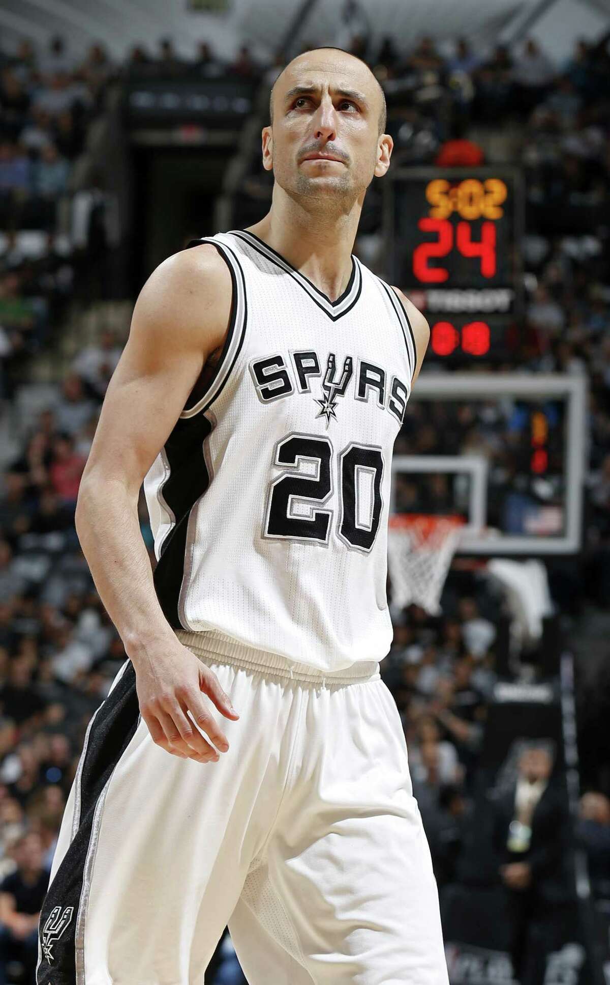 Spurs’ Manu Ginobili pauses during first half action of Game 2 in the first round of the Western Conference playoffs against the Memphis Grizzlies on April 17, 2017 at the AT&T Center.